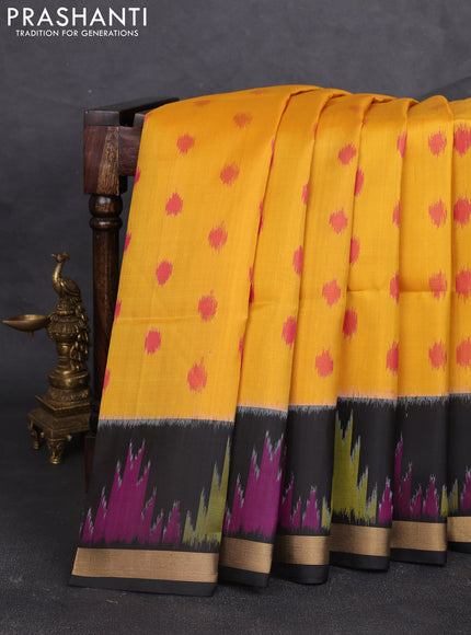 Ikat soft silk saree yellow and black with allover ikat woven buttas and zari woven border