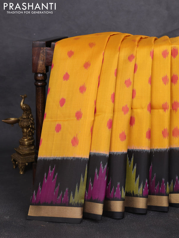 Ikat soft silk saree yellow and black with allover ikat woven buttas and zari woven border