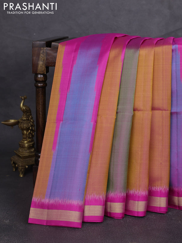 Ikat soft silk saree dark mustard and dark pink with allover ikat temple design and zari woven border