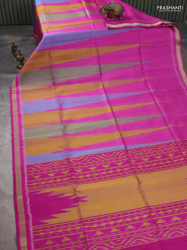Ikat soft silk saree dark mustard and dark pink with allover ikat temple design and zari woven border