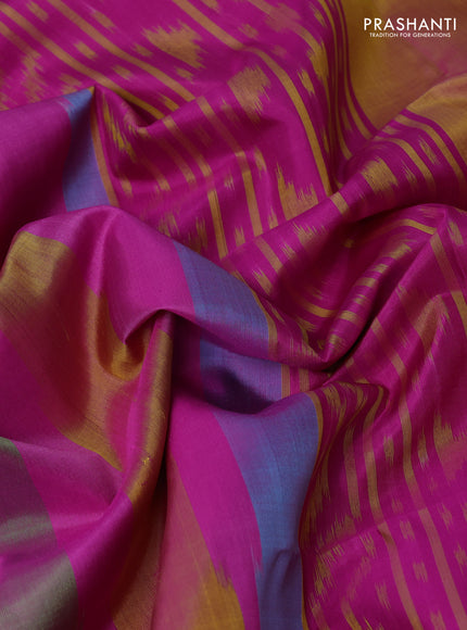 Ikat soft silk saree dark mustard and dark pink with allover ikat temple design and zari woven border