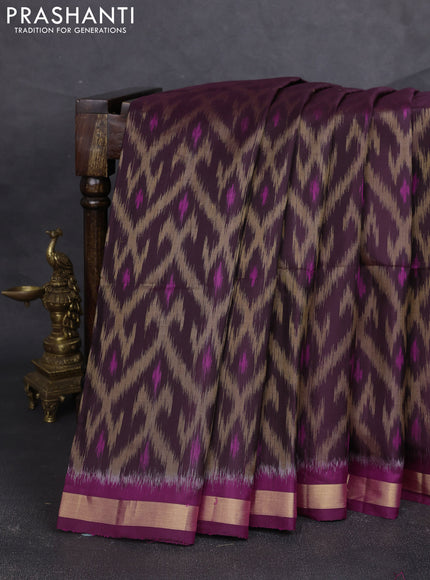 Ikat soft silk saree wine shade and mustard green purple with allover ikat weaves and zari woven border
