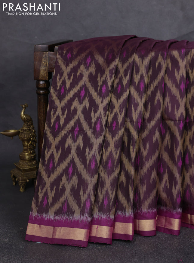 Ikat soft silk saree wine shade and mustard green purple with allover ikat weaves and zari woven border