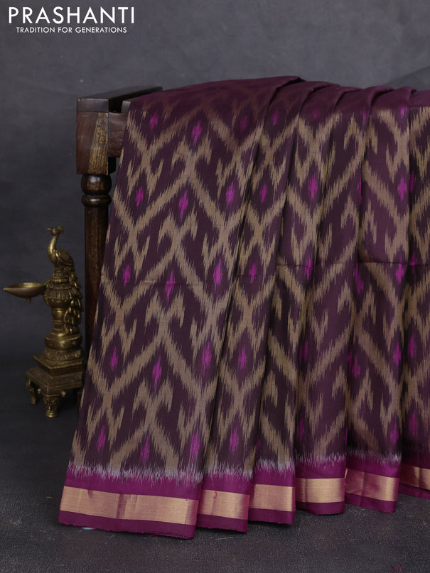 Ikat soft silk saree wine shade and mustard green purple with allover ikat weaves and zari woven border