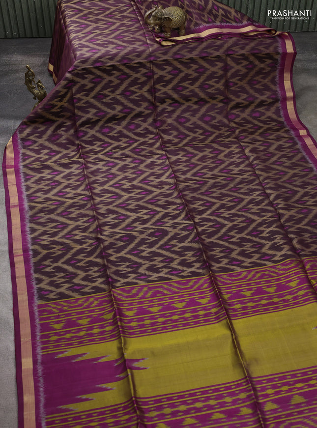 Ikat soft silk saree wine shade and mustard green purple with allover ikat weaves and zari woven border