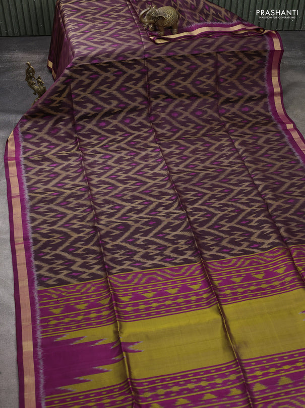 Ikat soft silk saree wine shade and mustard green purple with allover ikat weaves and zari woven border
