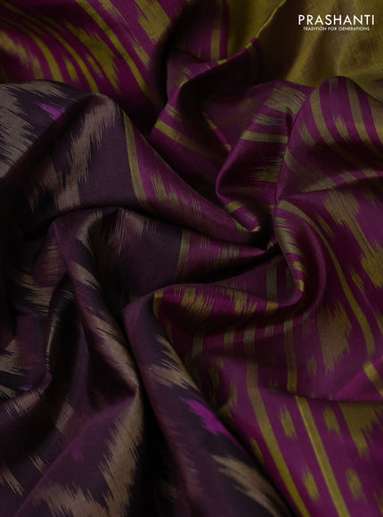 Ikat soft silk saree wine shade and mustard green purple with allover ikat weaves and zari woven border