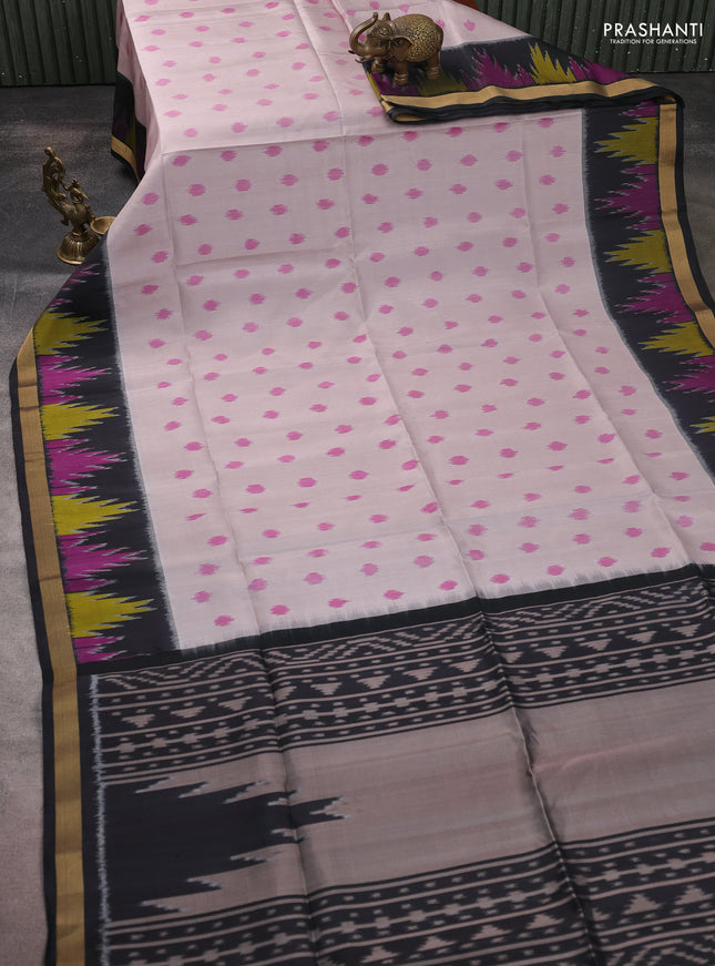 Ikat soft silk saree pastel grey and black with allover ikat woven buttas and temple design zari woven border