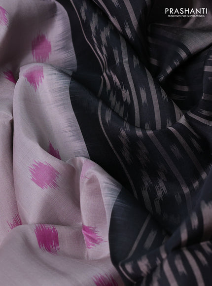 Ikat soft silk saree pastel grey and black with allover ikat woven buttas and temple design zari woven border