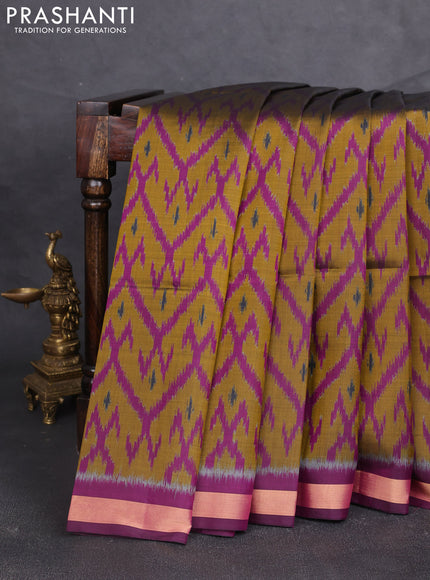 Ikat soft silk saree mustard green and purple with allover ikat weaves and zari woven border
