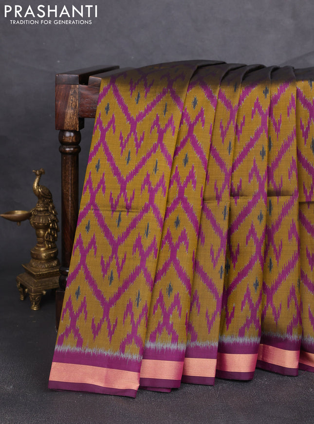 Ikat soft silk saree mustard green and purple with allover ikat weaves and zari woven border