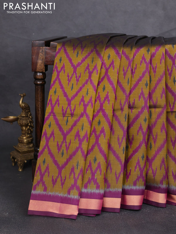 Ikat soft silk saree mustard green and purple with allover ikat weaves and zari woven border