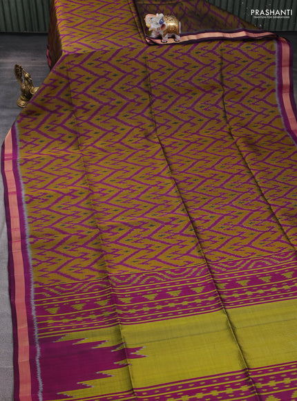 Ikat soft silk saree mustard green and purple with allover ikat weaves and zari woven border