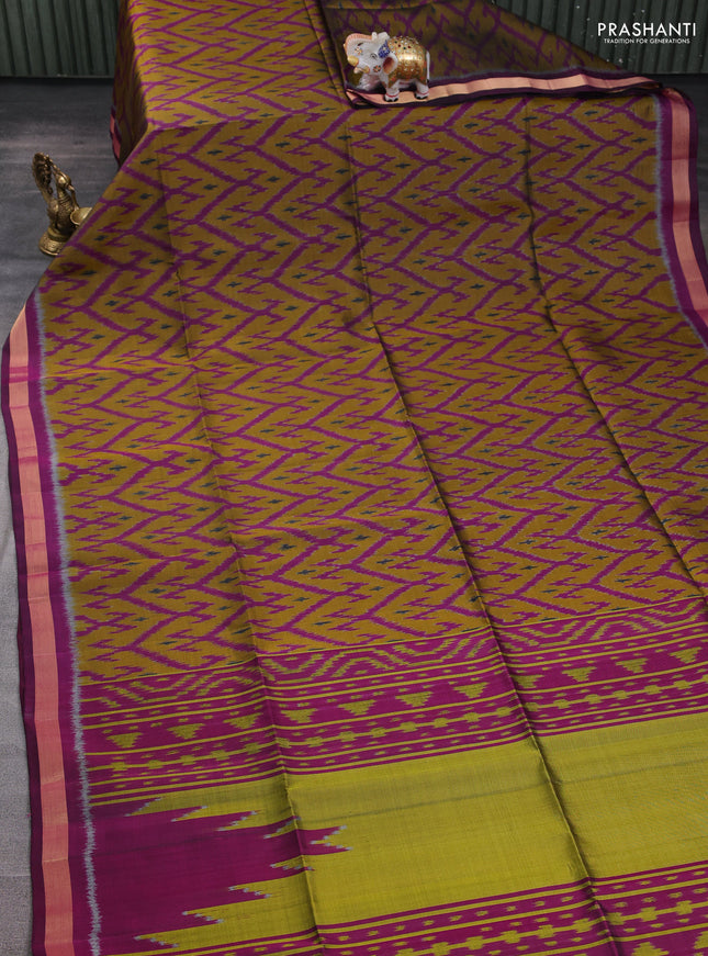 Ikat soft silk saree mustard green and purple with allover ikat weaves and zari woven border
