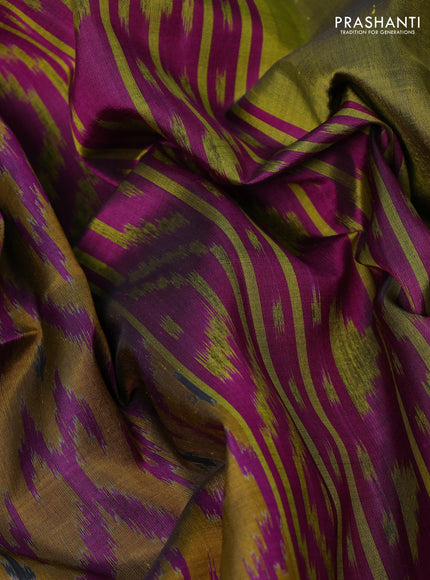 Ikat soft silk saree mustard green and purple with allover ikat weaves and zari woven border