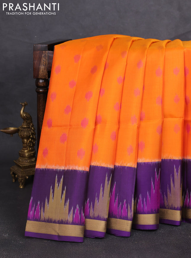 Ikat soft silk saree orange and violet with allover ikat woven buttas and temple design zari woven border