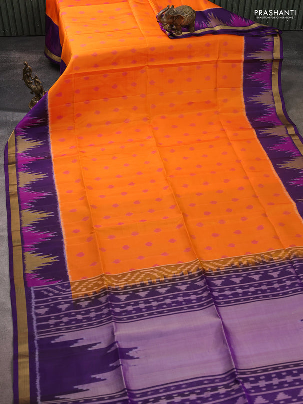 Ikat soft silk saree orange and violet with allover ikat woven buttas and temple design zari woven border