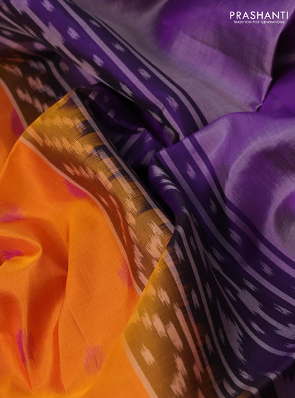 Ikat soft silk saree orange and violet with allover ikat woven buttas and temple design zari woven border