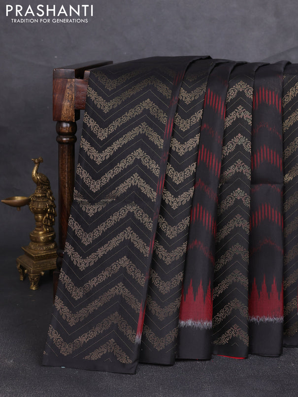 Ikat soft silk saree black and red with allover ikat & zari weaves and simple border