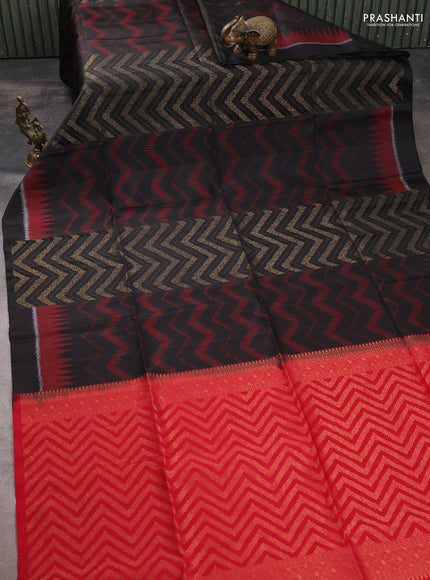 Ikat soft silk saree black and red with allover ikat & zari weaves and simple border