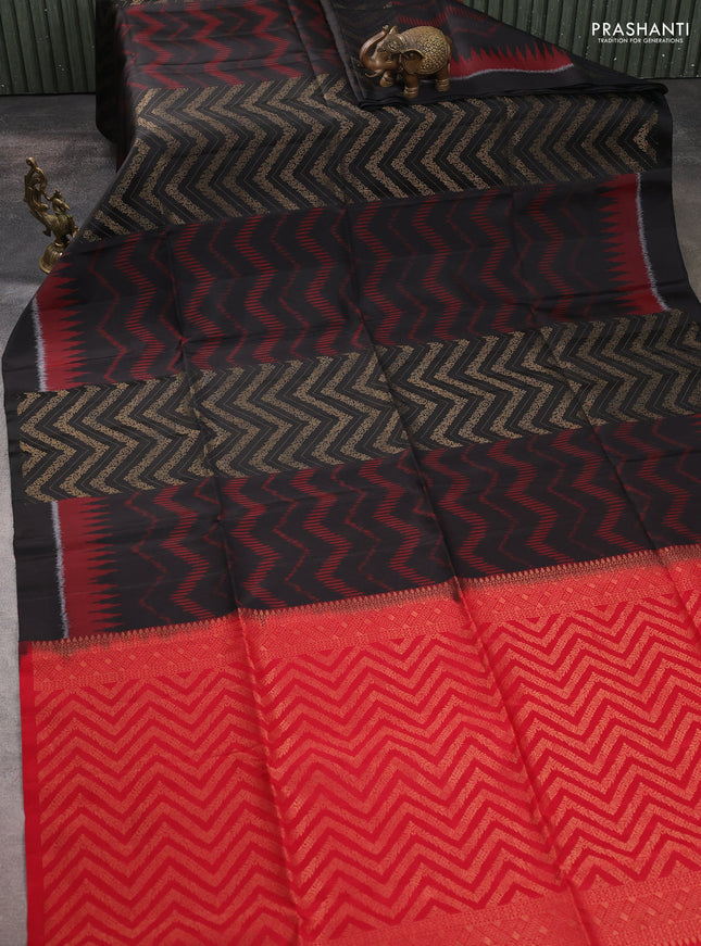 Ikat soft silk saree black and red with allover ikat & zari weaves and simple border