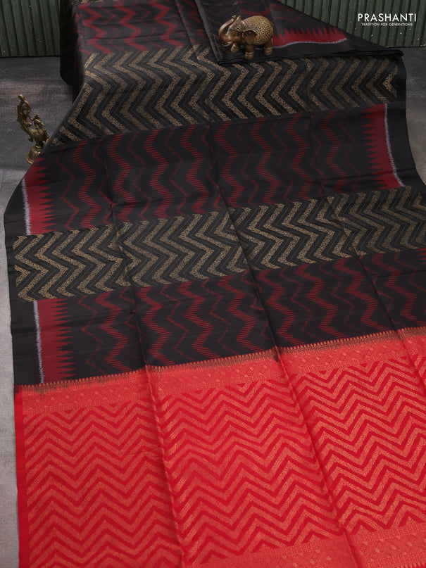 Ikat soft silk saree black and red with allover ikat & zari weaves and simple border