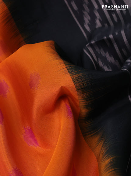 Ikat soft silk saree orange and black with allover ikat woven buttas and ikat woven zari woven border
