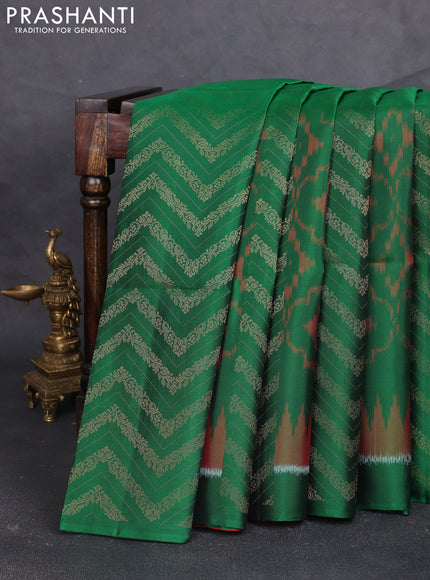 Ikat soft silk saree bottle green and red with allover ikat & zari weaves and simple border