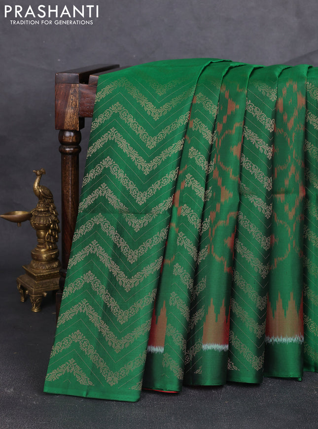 Ikat soft silk saree bottle green and red with allover ikat & zari weaves and simple border