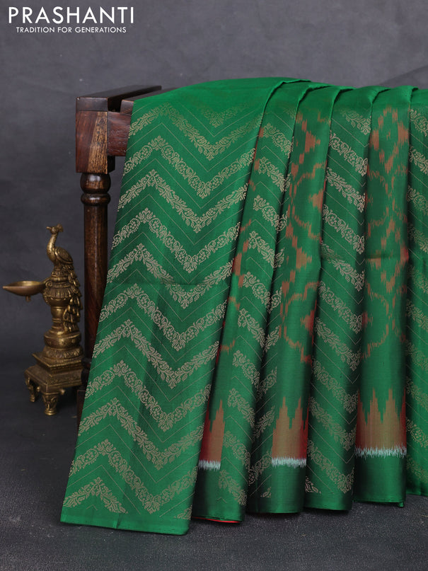 Ikat soft silk saree bottle green and red with allover ikat & zari weaves and simple border