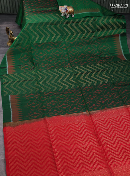 Ikat soft silk saree bottle green and red with allover ikat & zari weaves and simple border