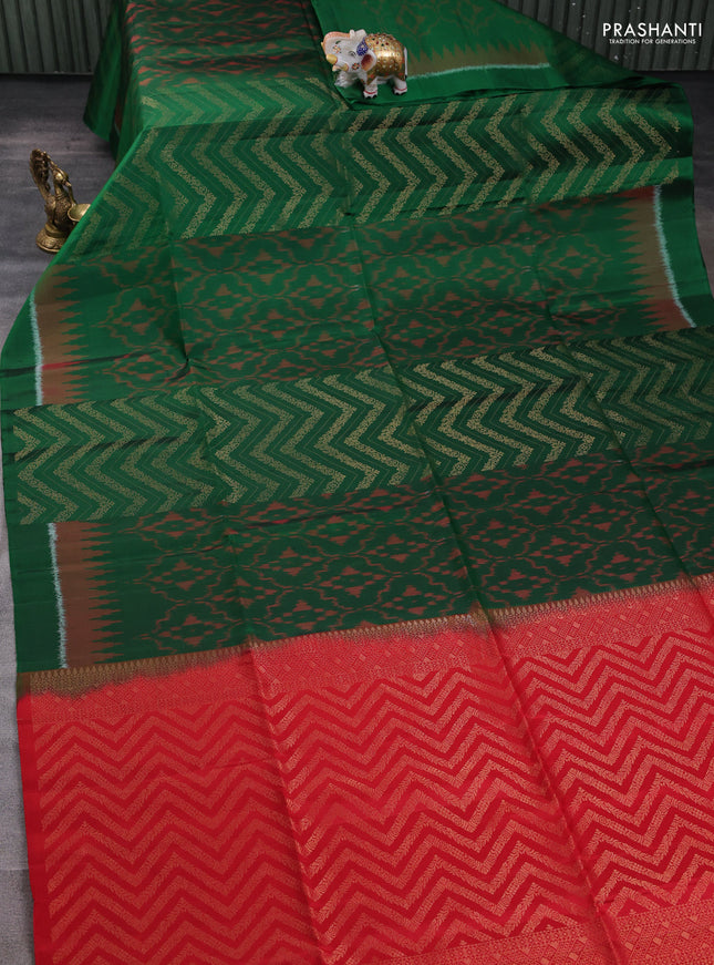 Ikat soft silk saree bottle green and red with allover ikat & zari weaves and simple border
