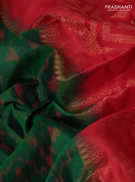 Ikat soft silk saree bottle green and red with allover ikat & zari weaves and simple border