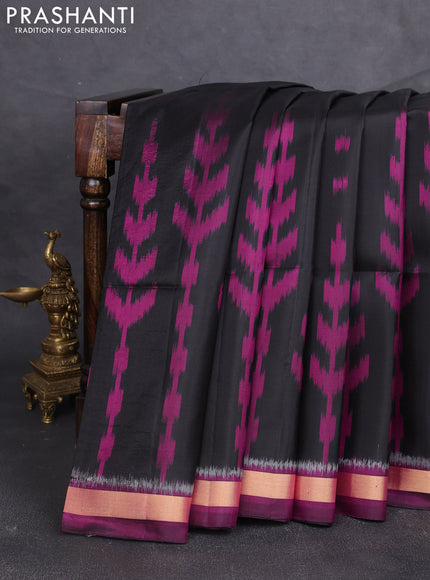 Ikat soft silk saree black and megenta pink with allover ikat weaves and zari woven border