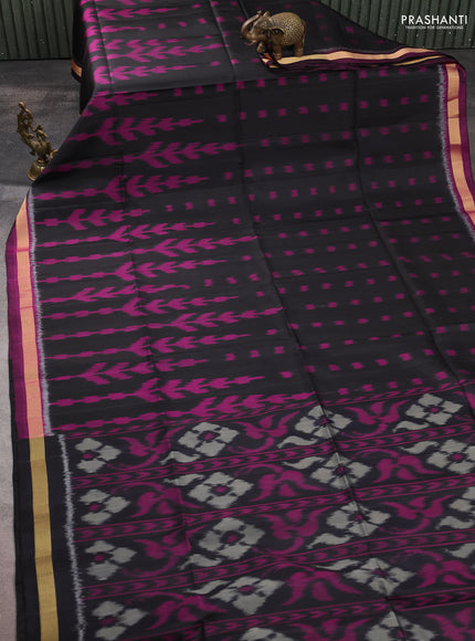 Ikat soft silk saree black and megenta pink with allover ikat weaves and zari woven border