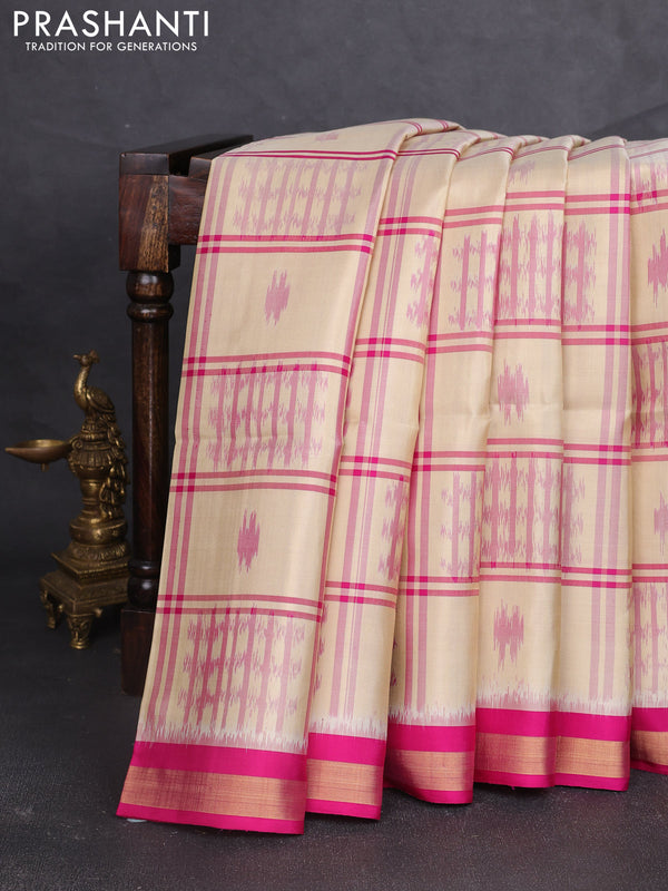 Ikat soft silk saree cream and pink with allover checks & ikat woven buttas and zari woven border