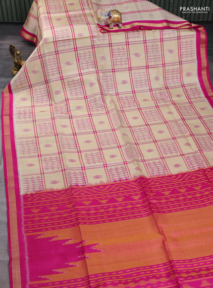 Ikat soft silk saree cream and pink with allover checks & ikat woven buttas and zari woven border