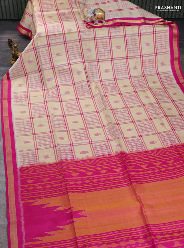Ikat soft silk saree cream and pink with allover checks & ikat woven buttas and zari woven border
