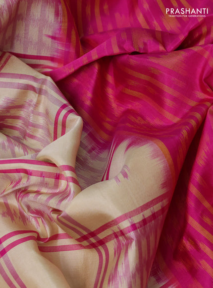 Ikat soft silk saree cream and pink with allover checks & ikat woven buttas and zari woven border