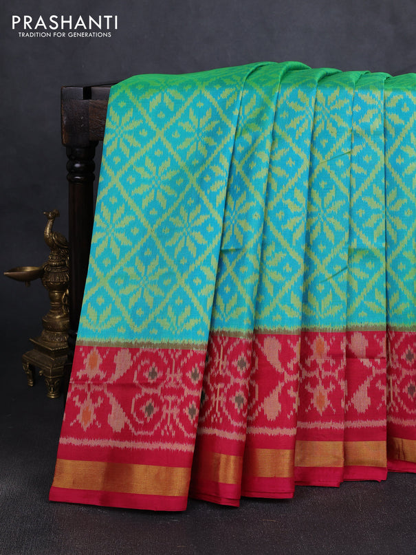 Rajkot patola silk saree teal green and maroon with allover ikat weaves and zari woven border