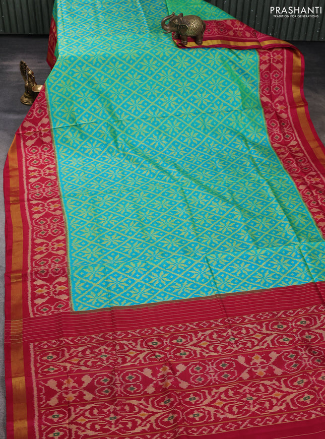 Rajkot patola silk saree teal green and maroon with allover ikat weaves and zari woven border