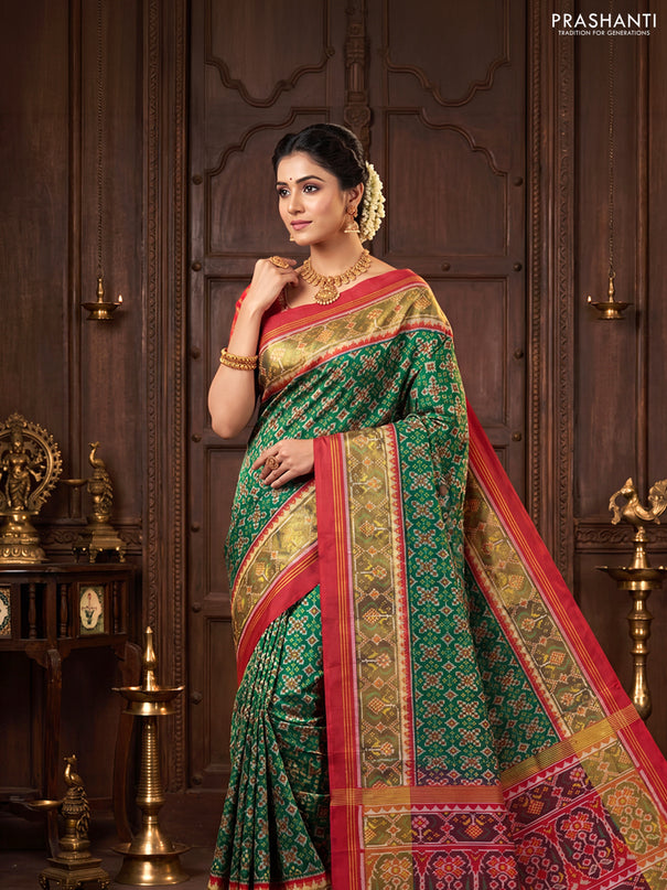 Rajkot patola silk saree green and maroon with allover ikat weaves and ikat zari woven border