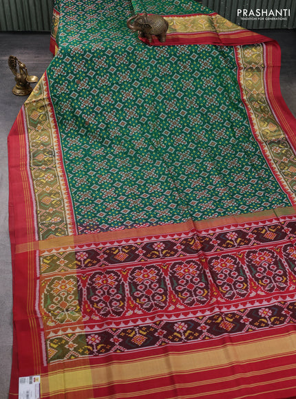 Rajkot patola silk saree green and maroon with allover ikat weaves and ikat zari woven border