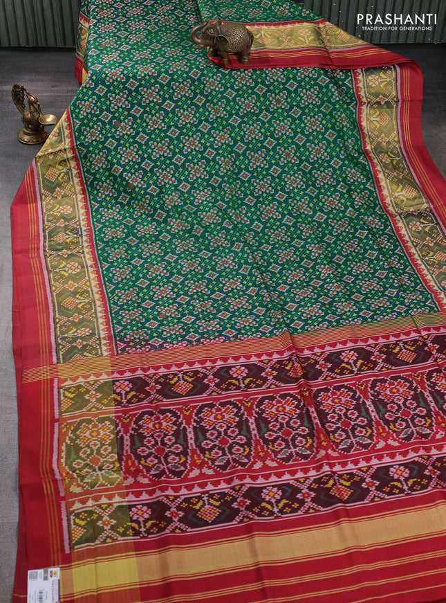 Rajkot patola silk saree green and maroon with allover ikat weaves and ikat zari woven border