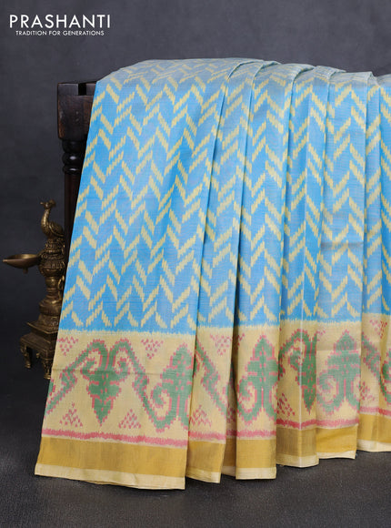 Rajkot patola silk saree teal blue and pale yellow with allover ikat weaves and ikat zari woven border