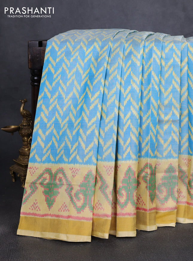 Rajkot patola silk saree teal blue and pale yellow with allover ikat weaves and ikat zari woven border
