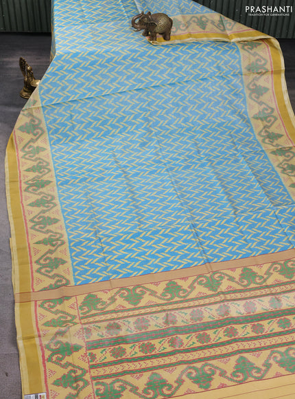 Rajkot patola silk saree teal blue and pale yellow with allover ikat weaves and ikat zari woven border