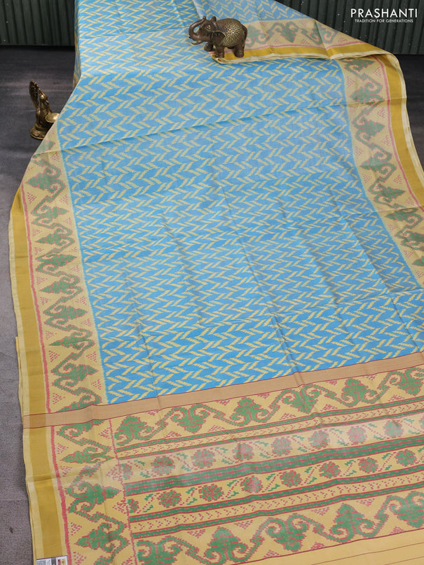 Rajkot patola silk saree teal blue and pale yellow with allover ikat weaves and ikat zari woven border
