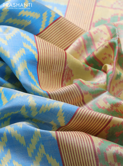 Rajkot patola silk saree teal blue and pale yellow with allover ikat weaves and ikat zari woven border