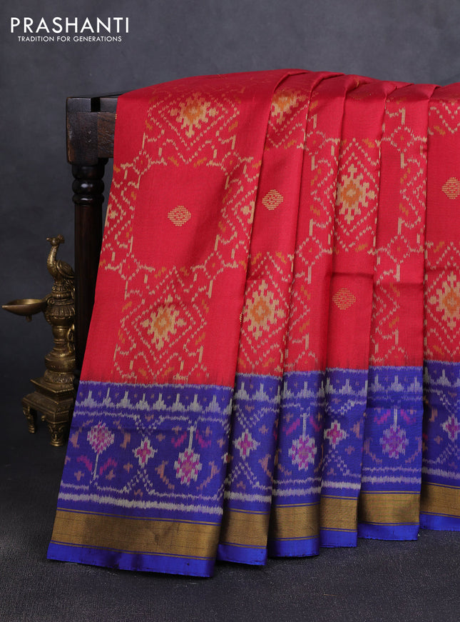 Rajkot patola silk saree maron and blue with allover ikat weaves and ikat zari woven border